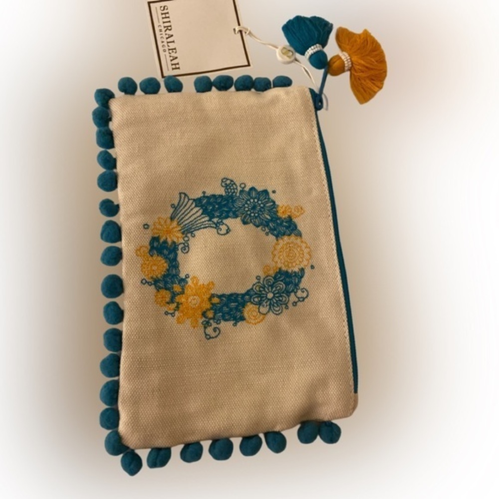 Shiraleah Alpahbet  Pouch -9x6 cream , blue details , cotton